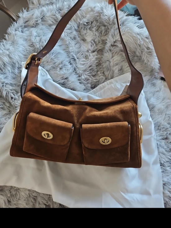 Coach Handbags - Coach Brown Suede Shoulder Bag with Front Pockets